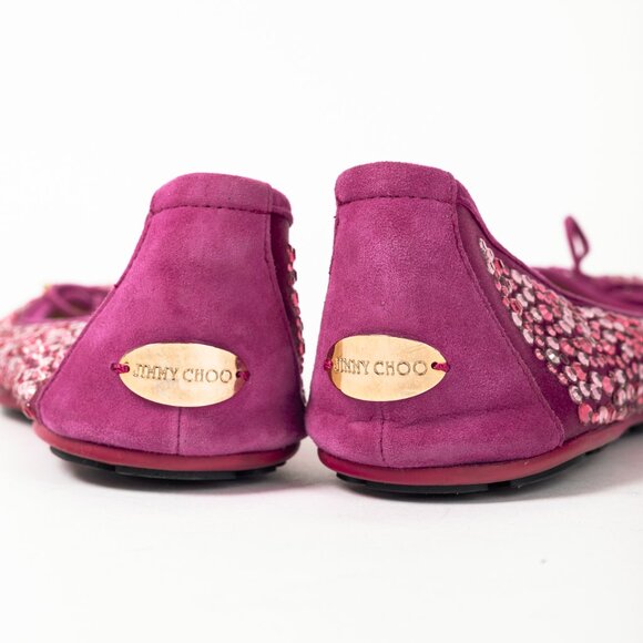 Jimmy Choo Weber Fuchsia Crystal-Embellished Satin Bow Ballet Flats - Picture 9 of 11
